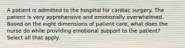 A patient is admitted to the hospital for cardiac surgery. The patient is very apprehensive and emotionally overwhelmed. Based on the eight dimensions of patient care, what does the nurse do while providing emotional support to the patient? Select all that apply.