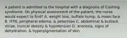 A patient is admitted to the hospital with a diagnosis of Cushing syndrome. On physical assessment of the patient, the nurse would expect to find? A. weight loss, buffalo hump, & moon face B. HTN, peripheral edema, & petechiae C. abdominal & buttock striae, truncal obesity & hypotension D. anorexia, signs of dehydration, & hyperpigmentation of skin