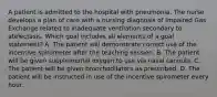 A patient is admitted to the hospital with pneumonia. The nurse develops a plan of care with a nursing diagnosis of Impaired Gas Exchange related to inadequate ventilation secondary to atelectasis. Which goal includes all elements of a goal statement? A. The patient will demonstrate correct use of the incentive spirometer after the teaching session. B. The patient will be given supplemental oxygen to use via nasal cannula. C. The patient will be given bronchodilators as prescribed. D. The patient will be instructed in use of the incentive spirometer every hour.