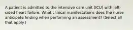 A patient is admitted to the intensive care unit (ICU) with left-sided heart failure. What clinical manifestations does the nurse anticipate finding when performing an assessment? (Select all that apply.)