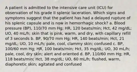 A patient is admitted to the intensive care unit (ICU) for observation of his grade II splenic laceration. Which signs and symptoms suggest that the patient has had a delayed rupture of his splenic capsule and is now in hemorrhagic shock? a. Blood pressure (BP), 110/70 mm Hg; HR, 120 beats/min; Hct, 42 mg/dL; UO, 40 mL/h; skin that is pink, warm, and dry, with capillary refill of 3 seconds b. BP, 90/70 mm Hg; HR, 140 beats/min; Hct, 21 mg/dL; UO, 10 mL/h; pale, cool, clammy skin; confused c. BP, 100/60 mm Hg; HR, 100 beats/min; Hct, 35 mg/dL; UO, 30 mL/h; pale, cool, dry skin; alert and oriented d. BP, 110/60 mm Hg; HR, 118 beats/min; Hct, 38 mg/dL; UO, 60 mL/h; flushed, warm, diaphoretic skin; agitated and confused