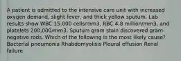 A patient is admitted to the intensive care unit with increased oxygen demand, slight fever, and thick yellow sputum. Lab results show WBC 15,000 cells/mm3, RBC 4.8 million/mm3, and platelets 200,000/mm3. Sputum gram stain discovered gram-negative rods. Which of the following is the most likely cause? Bacterial pneumonia Rhabdomyolisis Pleural effusion Renal failure