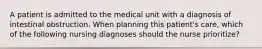 A patient is admitted to the medical unit with a diagnosis of intestinal obstruction. When planning this patient's care, which of the following nursing diagnoses should the nurse prioritize?