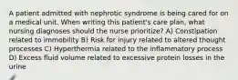 A patient admitted with nephrotic syndrome is being cared for on a medical unit. When writing this patient's care plan, what nursing diagnoses should the nurse prioritize? A) Constipation related to immobility B) Risk for injury related to altered thought processes C) Hyperthermia related to the inflammatory process D) Excess fluid volume related to excessive protein losses in the urine