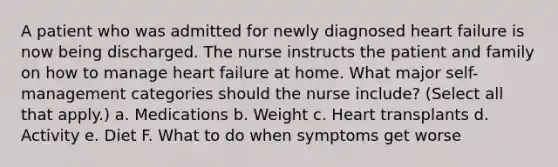 A patient who was admitted for newly diagnosed heart failure is now being discharged. The nurse instructs the patient and family on how to manage heart failure at home. What major self-management categories should the nurse include? (Select all that apply.) a. Medications b. Weight c. Heart transplants d. Activity e. Diet F. What to do when symptoms get worse