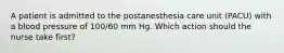 A patient is admitted to the postanesthesia care unit (PACU) with a blood pressure of 100/60 mm Hg. Which action should the nurse take first?