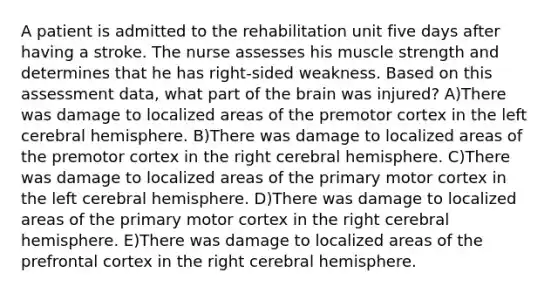 A patient is admitted to the rehabilitation unit five days after having a stroke. The nurse assesses his muscle strength and determines that he has right-sided weakness. Based on this assessment data, what part of the brain was injured? A)There was damage to localized areas of the premotor cortex in the left cerebral hemisphere. B)There was damage to localized areas of the premotor cortex in the right cerebral hemisphere. C)There was damage to localized areas of the primary motor cortex in the left cerebral hemisphere. D)There was damage to localized areas of the primary motor cortex in the right cerebral hemisphere. E)There was damage to localized areas of the prefrontal cortex in the right cerebral hemisphere.