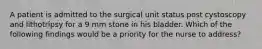 A patient is admitted to the surgical unit status post cystoscopy and lithotripsy for a 9 mm stone in his bladder. Which of the following findings would be a priority for the nurse to address?