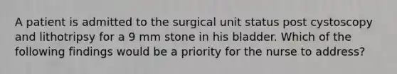 A patient is admitted to the surgical unit status post cystoscopy and lithotripsy for a 9 mm stone in his bladder. Which of the following findings would be a priority for the nurse to address?