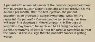 A patient with advanced cancer of the prostate begins treatment with leuprolide [Lupron Depot] injections and will receive 7.5 mg IM once per month. After the first injection, the patient experiences an increase in cancer symptoms. What will the nurse tell the patient? a.Desensitization to the drug over time will result in a decrease in these symptoms. b.The dose of leuprolide may have to be increased to 22.5 mg per month. c.These symptoms indicate a need for surgical castration to treat the cancer. d.This is a sign that the patient's cancer is getting worse.