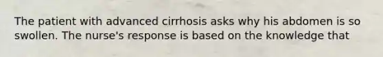 The patient with advanced cirrhosis asks why his abdomen is so swollen. The nurse's response is based on the knowledge that