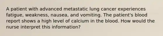 A patient with advanced metastatic lung cancer experiences fatigue, weakness, nausea, and vomiting. The patient's blood report shows a high level of calcium in <a href='https://www.questionai.com/knowledge/k7oXMfj7lk-the-blood' class='anchor-knowledge'>the blood</a>. How would the nurse interpret this information?