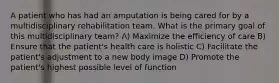 A patient who has had an amputation is being cared for by a multidisciplinary rehabilitation team. What is the primary goal of this multidisciplinary team? A) Maximize the efficiency of care B) Ensure that the patient's health care is holistic C) Facilitate the patient's adjustment to a new body image D) Promote the patient's highest possible level of function