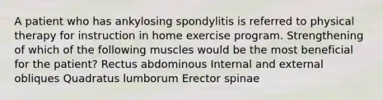 A patient who has ankylosing spondylitis is referred to physical therapy for instruction in home exercise program. Strengthening of which of the following muscles would be the most beneficial for the patient? Rectus abdominous Internal and external obliques Quadratus lumborum Erector spinae