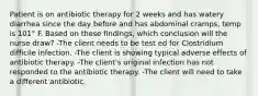 Patient is on antibiotic therapy for 2 weeks and has watery diarrhea since the day before and has abdominal cramps, temp is 101° F. Based on these findings, which conclusion will the nurse draw? -The client needs to be test ed for Clostridium difficile infection. -The client is showing typical adverse effects of antibiotic therapy. -The client's original infection has not responded to the antibiotic therapy. -The client will need to take a different antibiotic.