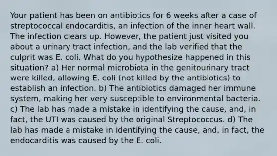 Your patient has been on antibiotics for 6 weeks after a case of streptococcal endocarditis, an infection of the inner heart wall. The infection clears up. However, the patient just visited you about a urinary tract infection, and the lab verified that the culprit was E. coli. What do you hypothesize happened in this situation? a) Her normal microbiota in the genitourinary tract were killed, allowing E. coli (not killed by the antibiotics) to establish an infection. b) The antibiotics damaged her immune system, making her very susceptible to environmental bacteria. c) The lab has made a mistake in identifying the cause, and, in fact, the UTI was caused by the original Streptococcus. d) The lab has made a mistake in identifying the cause, and, in fact, the endocarditis was caused by the E. coli.