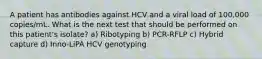 A patient has antibodies against HCV and a viral load of 100,000 copies/mL. What is the next test that should be performed on this patient's isolate? a) Ribotyping b) PCR-RFLP c) Hybrid capture d) Inno-LiPA HCV genotyping