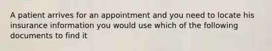 A patient arrives for an appointment and you need to locate his insurance information you would use which of the following documents to find it