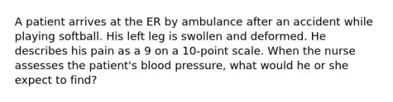 A patient arrives at the ER by ambulance after an accident while playing softball. His left leg is swollen and deformed. He describes his pain as a 9 on a 10-point scale. When the nurse assesses the patient's blood pressure, what would he or she expect to find?