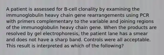 A patient is assessed for B-cell clonality by examining the immunoglobulin heavy chain gene rearrangements using PCR with primers complementary to the variable and joining regions of the immunoglobulin heavy chain gene. When the products are resolved by gel electrophoresis, the patient lane has a smear and does not have a sharp band. Controls were all acceptable. This result is interpreted as which of the following?