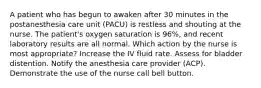 A patient who has begun to awaken after 30 minutes in the postanesthesia care unit (PACU) is restless and shouting at the nurse. The patient's oxygen saturation is 96%, and recent laboratory results are all normal. Which action by the nurse is most appropriate? Increase the IV fluid rate. Assess for bladder distention. Notify the anesthesia care provider (ACP). Demonstrate the use of the nurse call bell button.