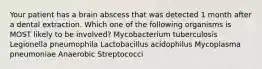 Your patient has a brain abscess that was detected 1 month after a dental extraction. Which one of the following organisms is MOST likely to be involved? Mycobacterium tuberculosis Legionella pneumophila Lactobacillus acidophilus Mycoplasma pneumoniae Anaerobic Streptococci