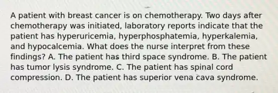 A patient with breast cancer is on chemotherapy. Two days after chemotherapy was initiated, laboratory reports indicate that the patient has hyperuricemia, hyperphosphatemia, hyperkalemia, and hypocalcemia. What does the nurse interpret from these findings? A. The patient has third space syndrome. B. The patient has tumor lysis syndrome. C. The patient has spinal cord compression. D. The patient has superior vena cava syndrome.