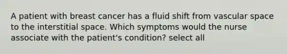 A patient with breast cancer has a fluid shift from vascular space to the interstitial space. Which symptoms would the nurse associate with the patient's condition? select all