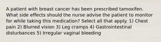 A patient with breast cancer has been prescribed tamoxifen. What side effects should the nurse advise the patient to monitor for while taking this medication? Select all that apply. 1) Chest pain 2) Blurred vision 3) Leg cramps 4) Gastrointestinal disturbances 5) Irregular vaginal bleeding