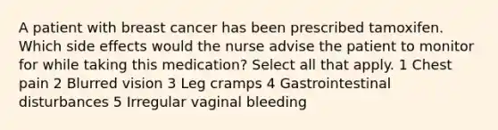 A patient with breast cancer has been prescribed tamoxifen. Which side effects would the nurse advise the patient to monitor for while taking this medication? Select all that apply. 1 Chest pain 2 Blurred vision 3 Leg cramps 4 Gastrointestinal disturbances 5 Irregular vaginal bleeding