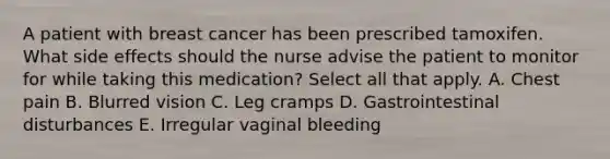 A patient with breast cancer has been prescribed tamoxifen. What side effects should the nurse advise the patient to monitor for while taking this medication? Select all that apply. A. Chest pain B. Blurred vision C. Leg cramps D. Gastrointestinal disturbances E. Irregular vaginal bleeding