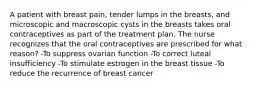 A patient with breast pain, tender lumps in the breasts, and microscopic and macroscopic cysts in the breasts takes oral contraceptives as part of the treatment plan. The nurse recognizes that the oral contraceptives are prescribed for what reason? -To suppress ovarian function -To correct luteal insufficiency -To stimulate estrogen in the breast tissue -To reduce the recurrence of breast cancer