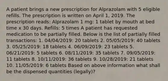 A patient brings a new prescription for Alprazolam with 5 eligible refills. The prescription is written on April 1, 2019. The prescription reads: Alprazolam 1 mg: 1 tablet by mouth at bed time x 30 days. Refills: 5 times A patient has requested medication to be partially filled. Below is the list of partially filled transactions: 1. 04/04/2019: 20 tablets 2. 05/05/2019: 40 tablets 3. 05/25/2019: 18 tablets 4. 06/09/2019: 23 tablets 5. 06/21/2019: 5 tablets 6. 08/11/2019: 35 tablets 7. 09/05/2019: 11 tablets 8. 10/11/2019: 36 tablets 9. 10/28/2019: 21 tablets 10. 11/05/2019: 6 tablets Based on above information what shall be the dispensed quantities (legally)?