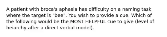 A patient with broca's aphasia has difficulty on a naming task where the target is "bee". You wish to provide a cue. Which of the following would be the MOST HELPFUL cue to give (level of heiarchy after a direct verbal model).