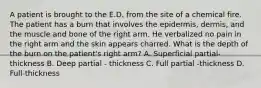 A patient is brought to the E.D. from the site of a chemical fire. The patient has a burn that involves the epidermis, dermis, and the muscle and bone of the right arm. He verbalized no pain in the right arm and the skin appears charred. What is the depth of the burn on the patient's right arm? A. Superficial partial-thickness B. Deep partial - thickness C. Full partial -thickness D. Full-thickness
