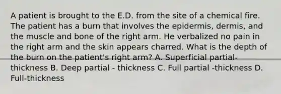 A patient is brought to the E.D. from the site of a chemical fire. The patient has a burn that involves the epidermis, dermis, and the muscle and bone of the right arm. He verbalized no pain in the right arm and the skin appears charred. What is the depth of the burn on the patient's right arm? A. Superficial partial-thickness B. Deep partial - thickness C. Full partial -thickness D. Full-thickness