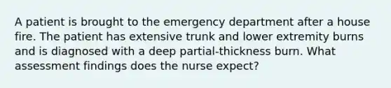 A patient is brought to the emergency department after a house fire. The patient has extensive trunk and lower extremity burns and is diagnosed with a deep partial-thickness burn. What assessment findings does the nurse expect?