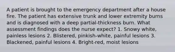 A patient is brought to the emergency department after a house fire. The patient has extensive trunk and lower extremity burns and is diagnosed with a deep partial-thickness burn. What assessment findings does the nurse expect? 1. Snowy white, painless lesions 2. Blistered, pinkish-white, painful lesions 3. Blackened, painful lesions 4. Bright-red, moist lesions