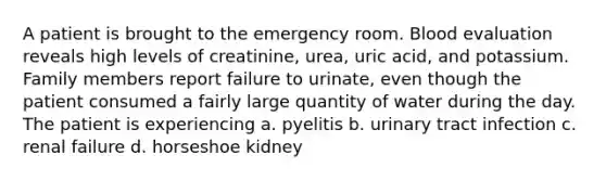 A patient is brought to the emergency room. Blood evaluation reveals high levels of creatinine, urea, uric acid, and potassium. Family members report failure to urinate, even though the patient consumed a fairly large quantity of water during the day. The patient is experiencing a. pyelitis b. urinary tract infection c. renal failure d. horseshoe kidney