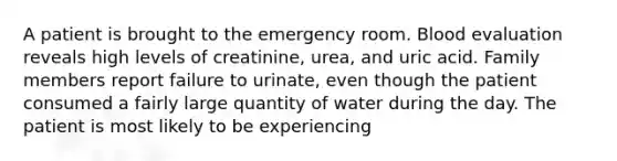 A patient is brought to the emergency room. Blood evaluation reveals high levels of creatinine, urea, and uric acid. Family members report failure to urinate, even though the patient consumed a fairly large quantity of water during the day. The patient is most likely to be experiencing