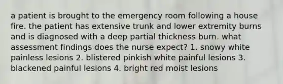 a patient is brought to the emergency room following a house fire. the patient has extensive trunk and lower extremity burns and is diagnosed with a deep partial thickness burn. what assessment findings does the nurse expect? 1. snowy white painless lesions 2. blistered pinkish white painful lesions 3. blackened painful lesions 4. bright red moist lesions