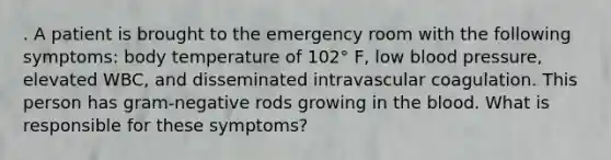 . A patient is brought to the emergency room with the following symptoms: body temperature of 102° F, low blood pressure, elevated WBC, and disseminated intravascular coagulation. This person has gram-negative rods growing in the blood. What is responsible for these symptoms?