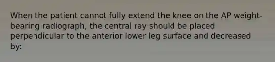 When the patient cannot fully extend the knee on the AP weight-bearing radiograph, the central ray should be placed perpendicular to the anterior lower leg surface and decreased by: