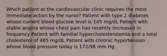 Which patient at the cardiovascular clinic requires the most immediate action by the nurse? Patient with type 2 diabetes whose current blood glucose level is 145 mg/dL Patient with stable angina whose chest pain has recently increased in frequency Patient with familial hypercholesterolemia and a total cholesterol of 465 mg/dL Patient with chronic hypertension whose blood pressure today is 172/98 mm Hg