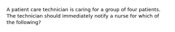 A patient care technician is caring for a group of four patients. The technician should immediately notify a nurse for which of the following?