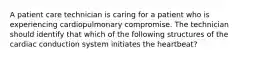 A patient care technician is caring for a patient who is experiencing cardiopulmonary compromise. The technician should identify that which of the following structures of the cardiac conduction system initiates the heartbeat?