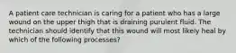 A patient care technician is caring for a patient who has a large wound on the upper thigh that is draining purulent fluid. The technician should identify that this wound will most likely heal by which of the following processes?