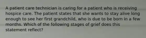 A patient care technician is caring for a patient who is receiving hospice care. The patient states that she wants to stay alive long enough to see her first grandchild, who is due to be born in a few months. Which of the following stages of grief does this statement reflect?