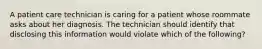 A patient care technician is caring for a patient whose roommate asks about her diagnosis. The technician should identify that disclosing this information would violate which of the following?