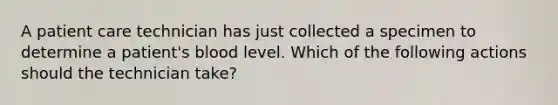 A patient care technician has just collected a specimen to determine a patient's blood level. Which of the following actions should the technician take?